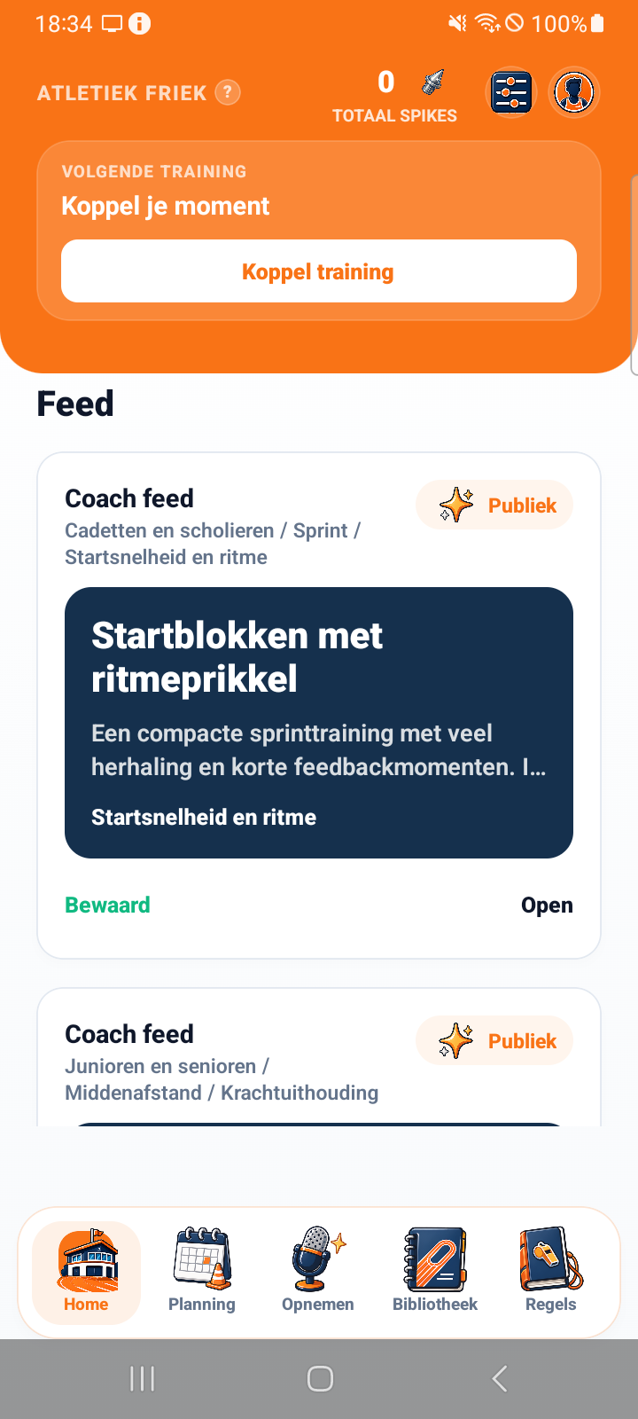 Atletiek Friek app voor atletiektrainers — home scherm